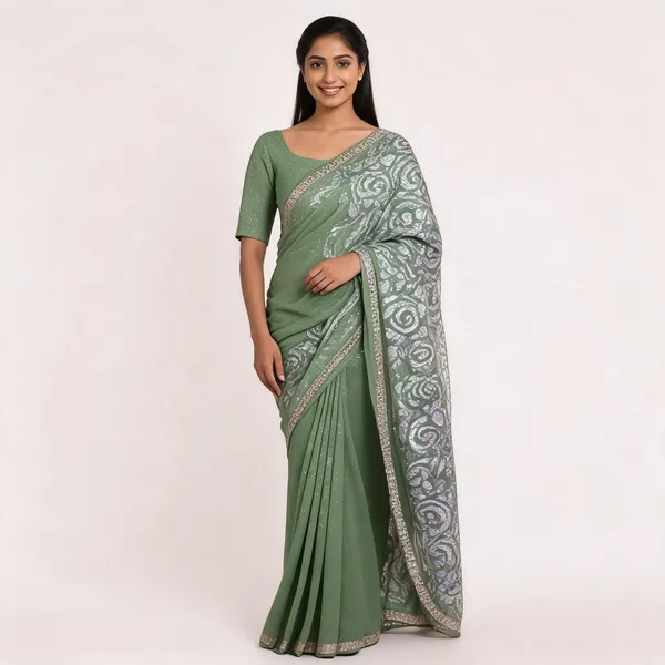 Green_Star_Georgette_Striped_Embroidered_Saree_For_Women