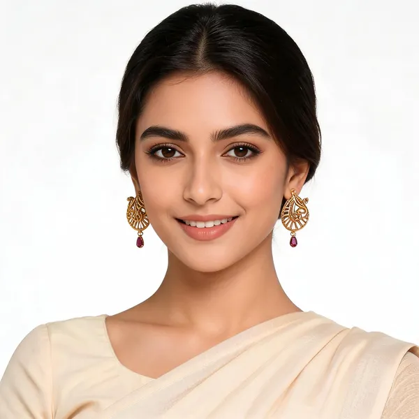 Gold_Peacock_Motif_Pendant_Earrings_With_Ruby_Accents