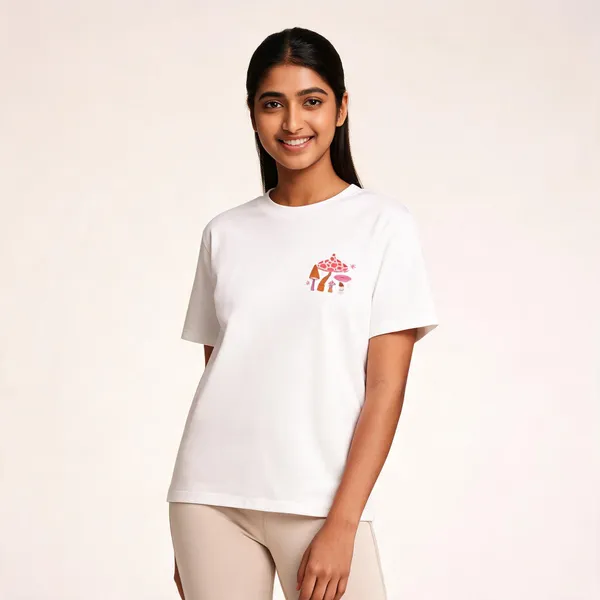 White_Cotton_French_Terry_Mushroom_Printed_T-Shirt_For_Unisex