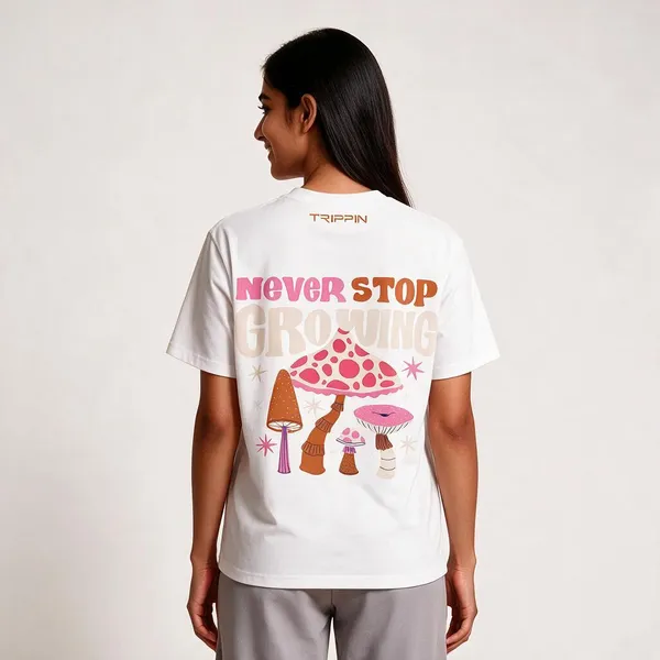 White_Cotton_French_Terry_Mushroom_Printed_T-Shirt_For_Unisex