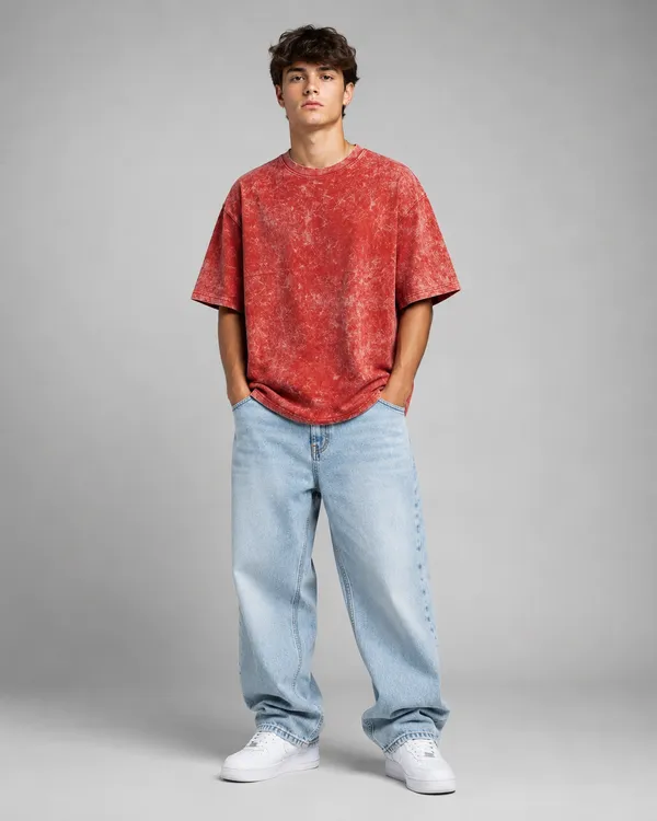 Red_Cotton_French_Terry_Acid_Wash_Oversized_T-Shirt_For_Unisex
