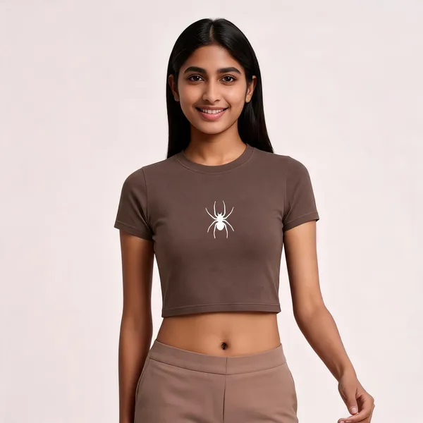 Brown_Cotton_Short_Sleeve_Graphic_Crop_Top_For_Women