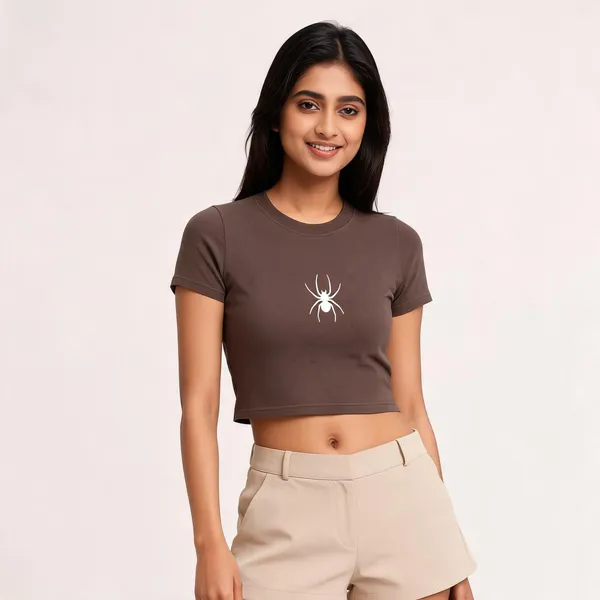 Brown_Cotton_Short_Sleeve_Graphic_Crop_Top_For_Women