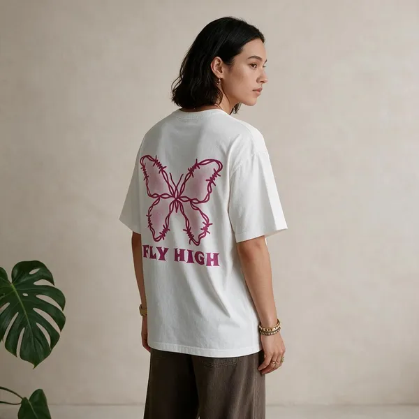 White_Cotton_French_Terry_Butterfly_Graphic_T-Shirt_For_Unisex