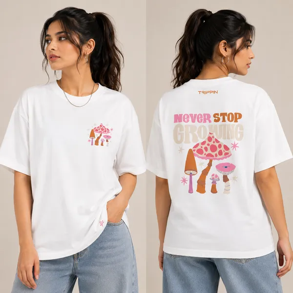 White_Cotton_French_Terry_Mushroom_Printed_T-Shirt_For_Unisex