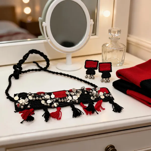 Red_And_Black_Cotton_Traditional_Design_Choker_Necklace_For_Women