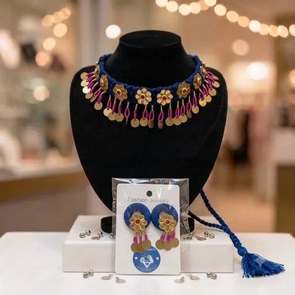 Blue_Cotton_Traditional_Design_Choker_Necklace_For_Women