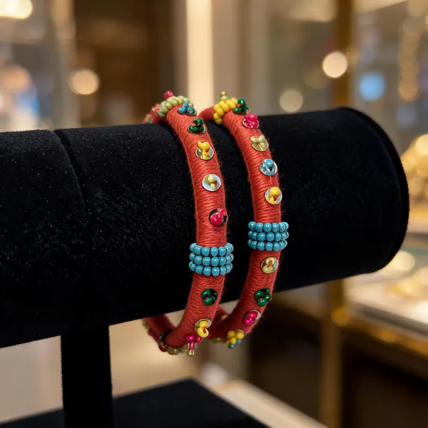 Red_And_Green_Cotton_Traditional_Design_Bangles_For_Women