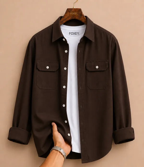 FOXEY_Men_Solid_Casual_Brown_Shirt