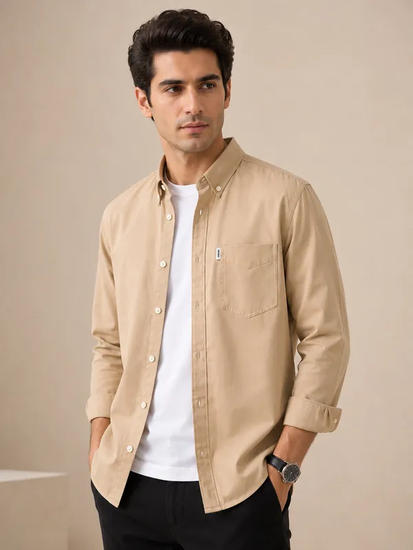 FOXEY_Men_Solid_Casual_Beige_Shirt