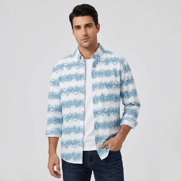 FOXEY_Men_Dyed/Ombre,_Striped,_Printed_Casual_White_And_Light_Blue_Shirt