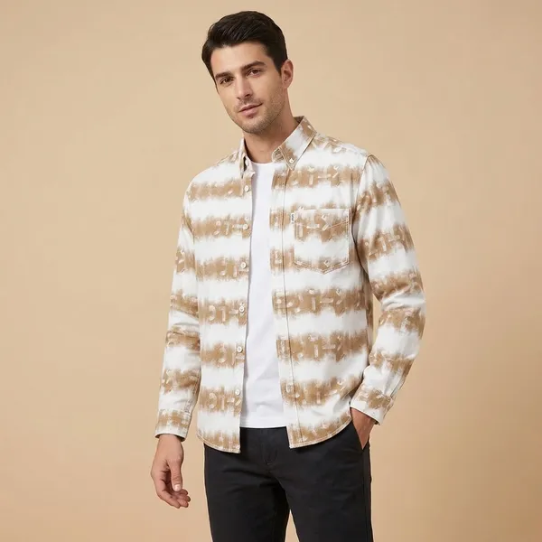 FOXEY_Men_Dyed/Ombre,_Striped,_Printed_Casual_White_And_Brown_Shirt
