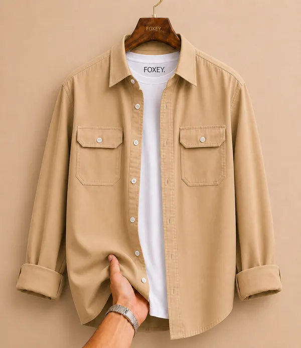 FOXEY_Men_Solid_Casual_Beige_Shirt
