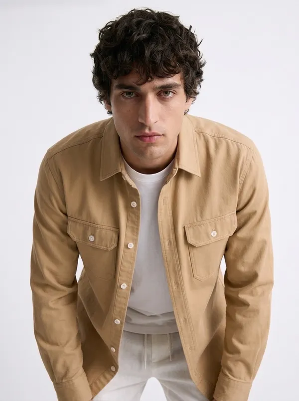 FOXEY_Men_Solid_Casual_Beige_Shirt