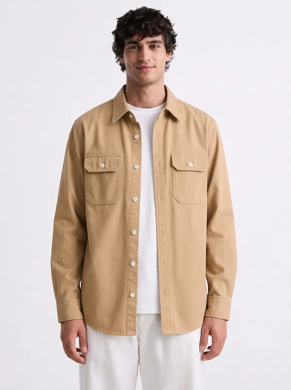 FOXEY_Men_Solid_Casual_Beige_Shirt