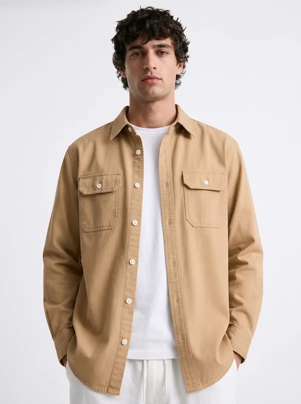 FOXEY_Men_Solid_Casual_Beige_Shirt