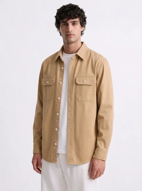 FOXEY_Men_Solid_Casual_Beige_Shirt