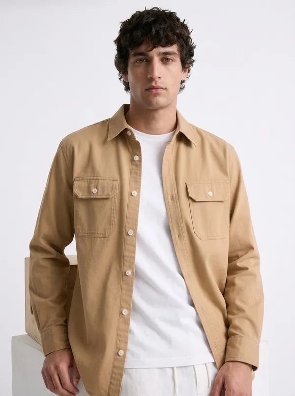 FOXEY_Men_Solid_Casual_Beige_Shirt