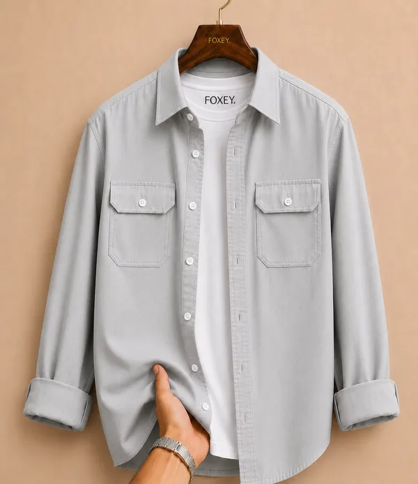 FOXEY_Men_Solid_Casual_Grey_Shirt