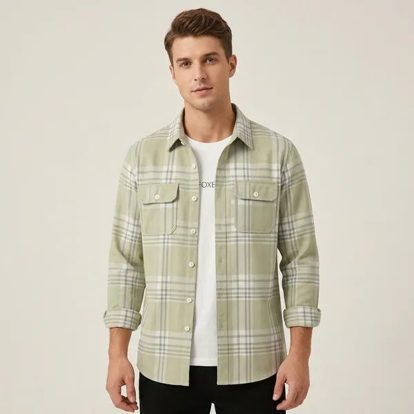 FOXEY_Men_Checkered_Casual_Sage_Green_Shirt