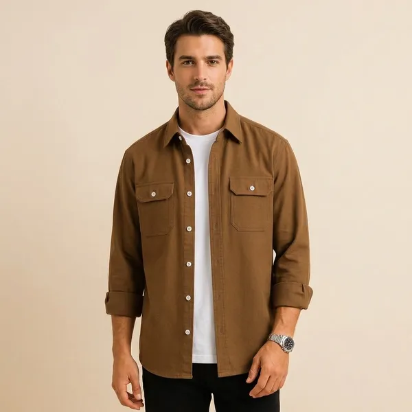 FOXEY_Men_Solid_Casual_Brown_Shirt