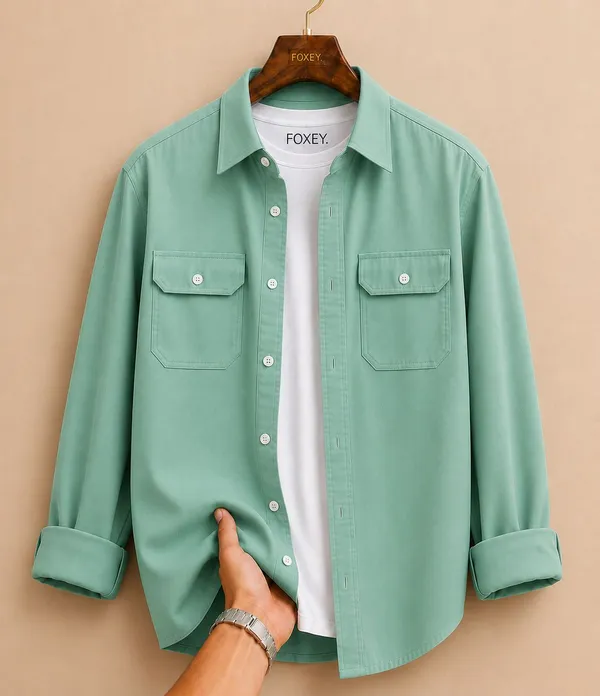 FOXEY_Men_Solid_Casual_Light_Green_Shirt
