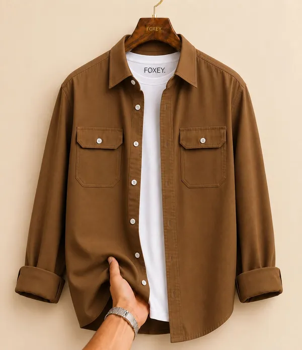 FOXEY_Men_Solid_Casual_Brown_Shirt