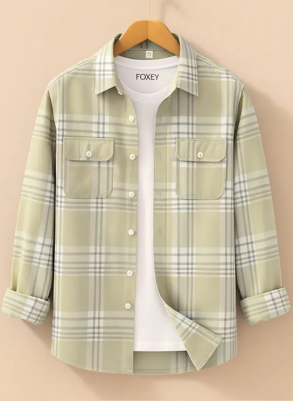 FOXEY_Men_Checkered_Casual_Sage_Green_Shirt