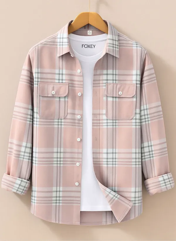 FOXEY_Men_Checkered_Casual_Pink_Shirt