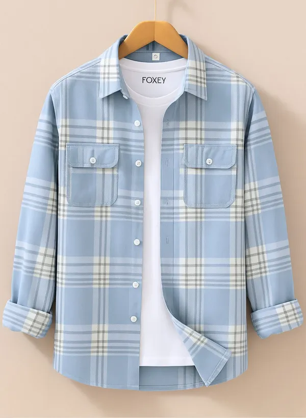 FOXEY_Men_Checkered_Casual_Blue_Shirt