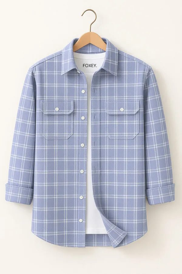 FOXEY_Men_Checkered_Casual_Blue_Shirt
