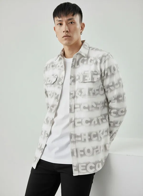 FOXEY_Men_Printed_Casual_White_And_Grey_Shirt