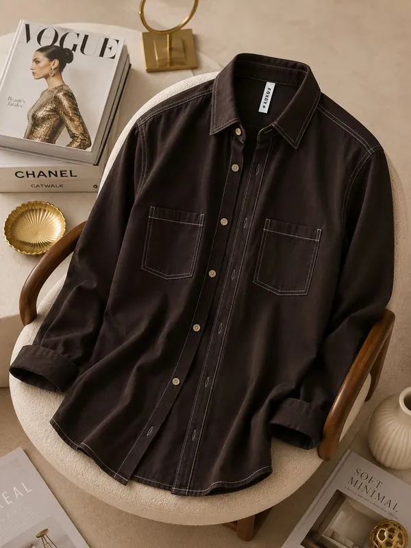 FOXEY_Men_Solid_Casual_Brown_Shirt
