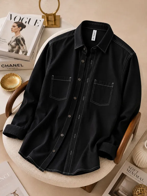 FOXEY_Men_Solid_Casual_Black_Shirt