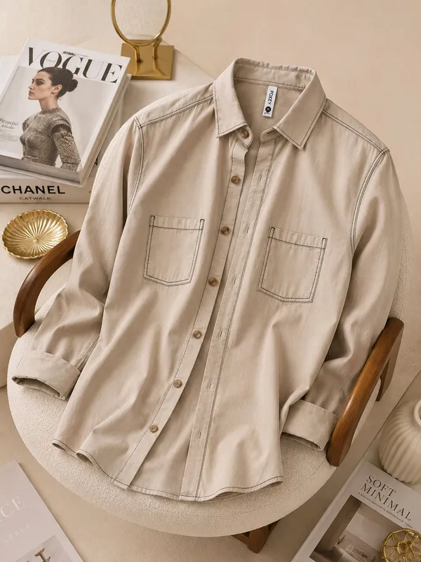 FOXEY_Men_Solid_Casual_Beige_Shirt