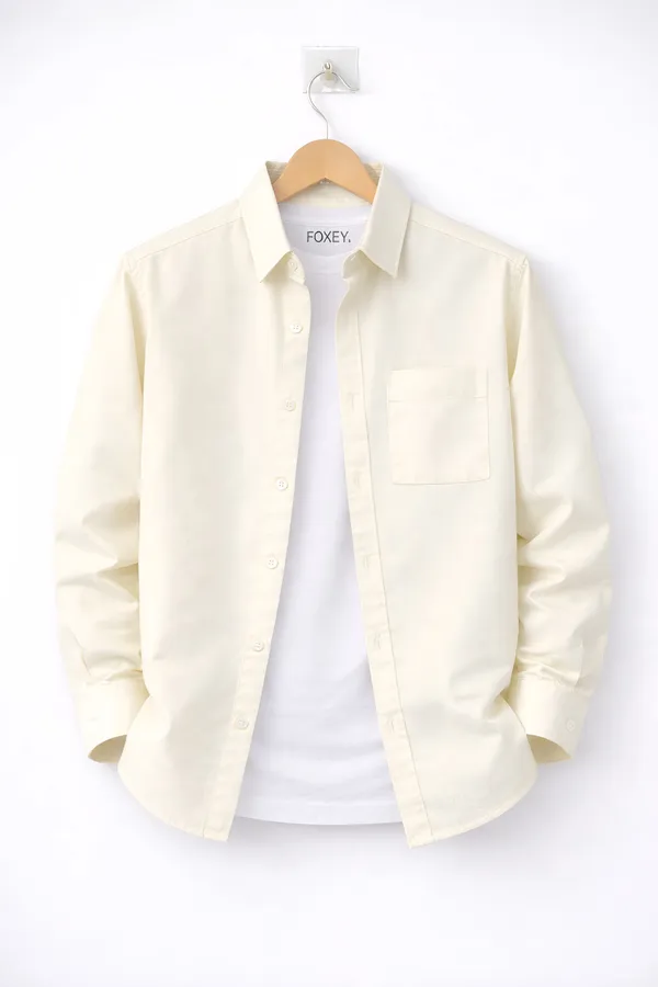 FOXEY_Men_Solid_Casual_Cream_Shirt