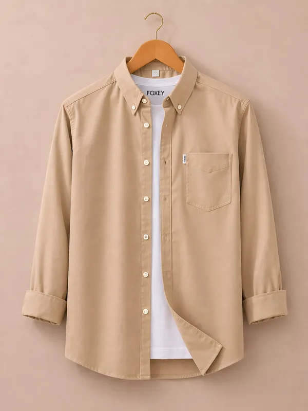 FOXEY_Men_Solid_Casual_Beige_Shirt