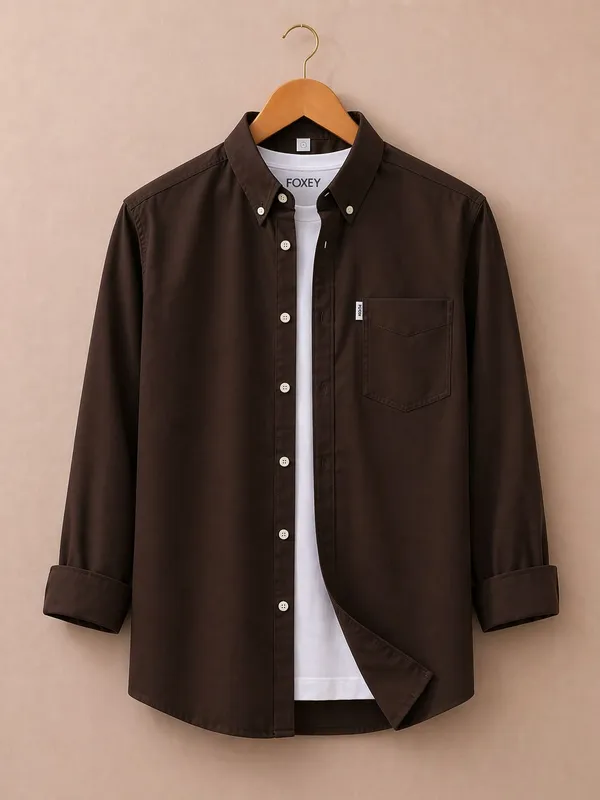 FOXEY_Men_Solid_Casual_Brown_Shirt