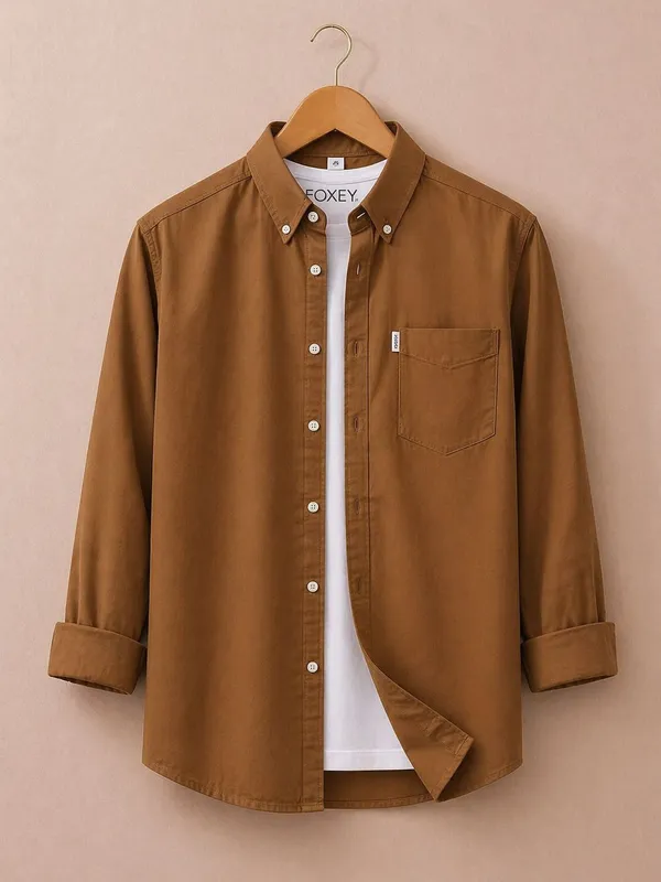 FOXEY_Men_Solid_Casual_Brown_Shirt