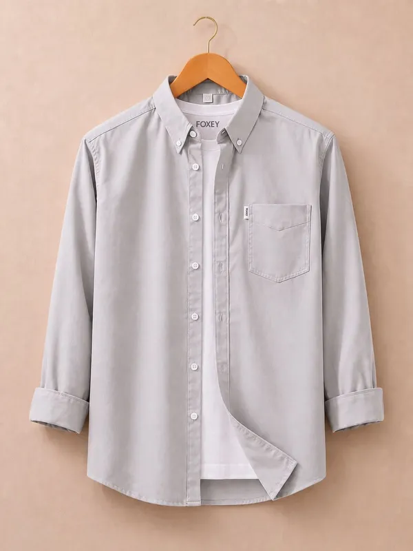 FOXEY_Men_Solid_Casual_Grey_Shirt
