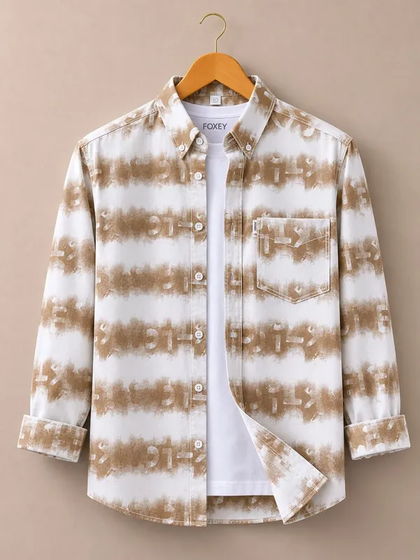FOXEY_Men_Dyed/Ombre,_Striped,_Printed_Casual_White_And_Brown_Shirt