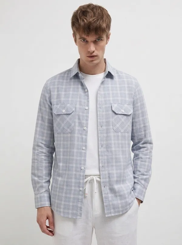 FOXEY_Men_Checkered_Casual_Blue_Shirt