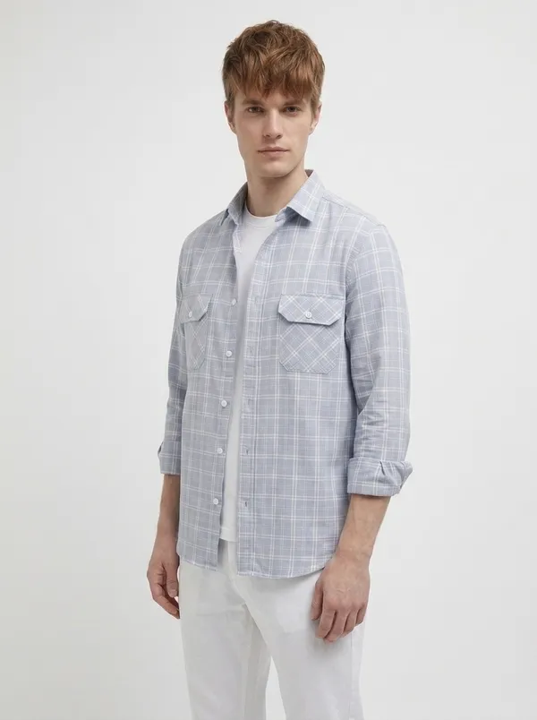 FOXEY_Men_Checkered_Casual_Blue_Shirt