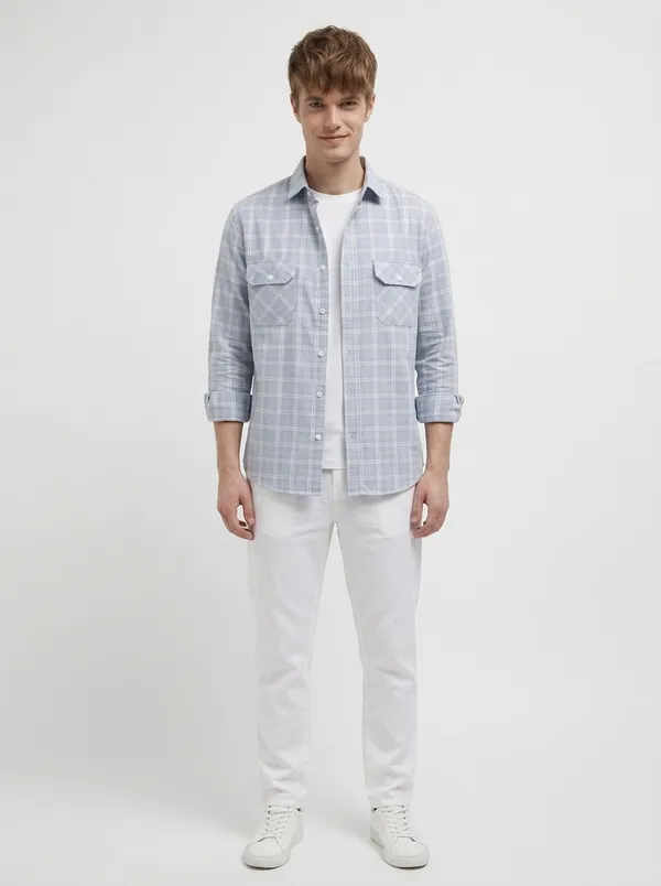 FOXEY_Men_Checkered_Casual_Blue_Shirt