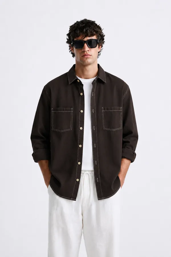 FOXEY_Men_Solid_Casual_Brown_Shirt