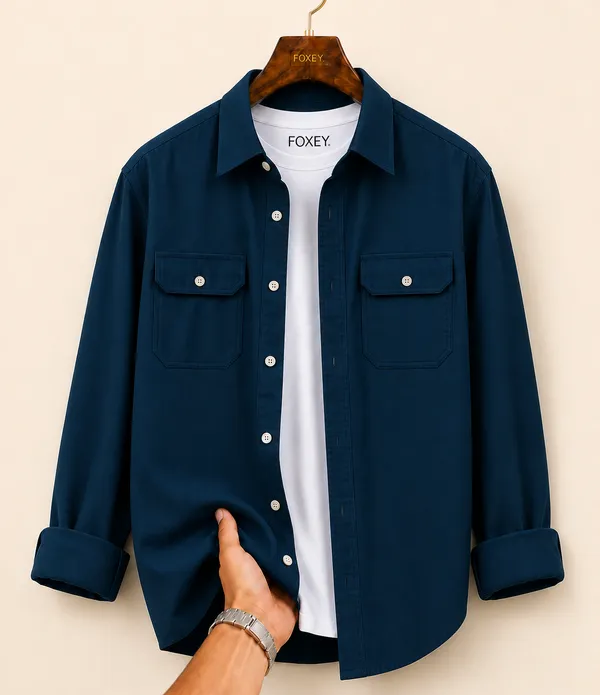 FOXEY_Men_Solid_Casual_Blue_Shirt