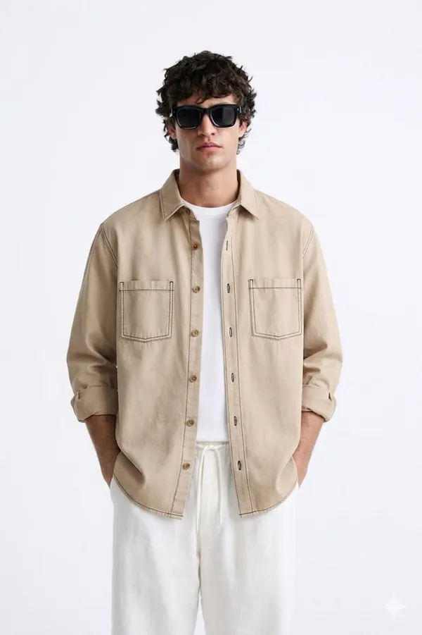FOXEY_Men_Solid_Casual_Beige_Shirt