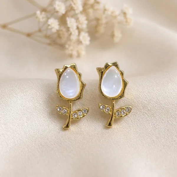 Gold_Tulip_Flower_White_Opal_Stud_Earrings_For_Women
