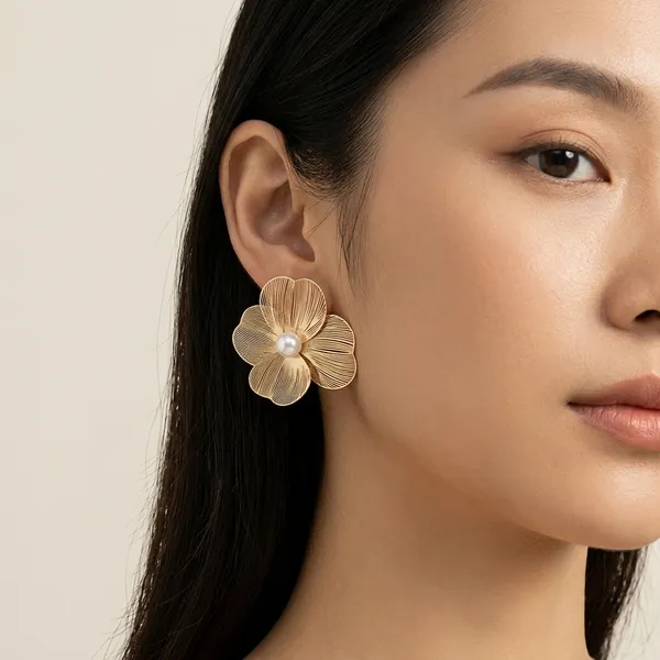 Gold_Textured_Floral_Pearl_Stud_Earrings_For_Women