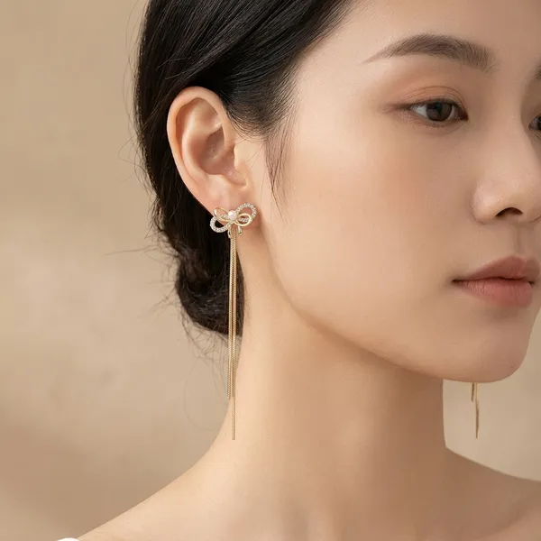Gold_Bow_Tassel_Drop_Earrings_For_Women